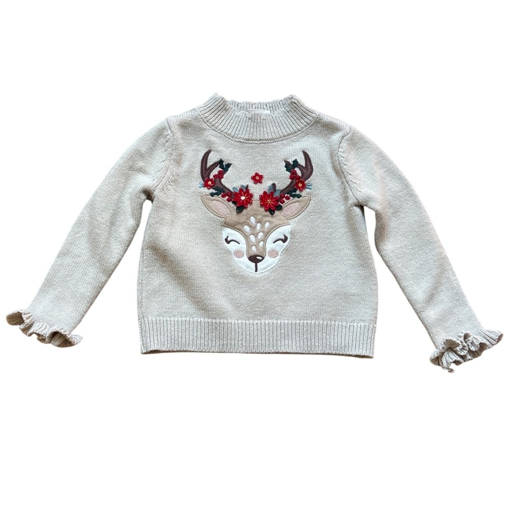 Cynthia Rowley Deer Sweater Kids‎ Beige Good Floral Ruffle SIZE 24M